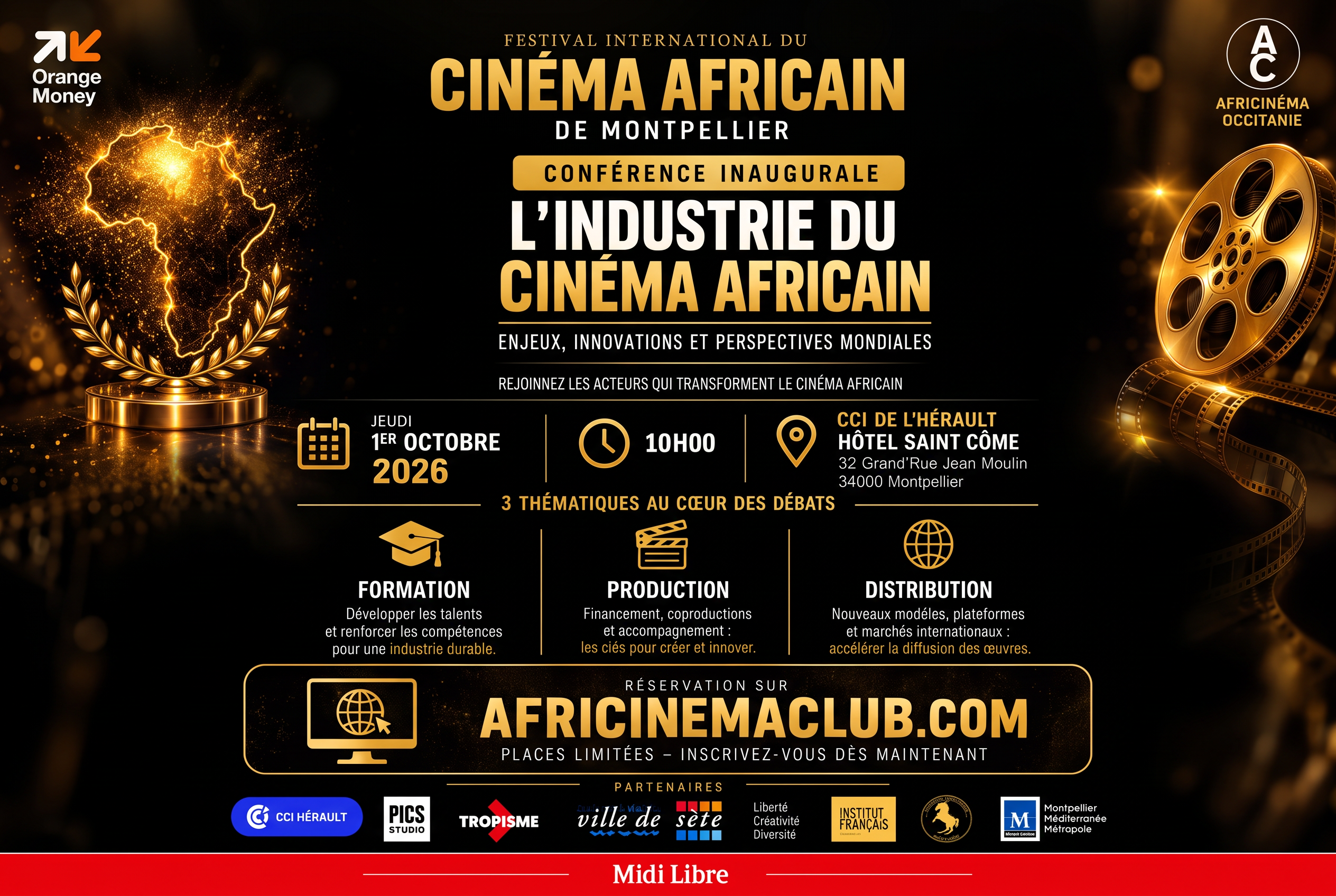 Affiche de la conférence inaugurale « L'industrie du cinéma africain — Enjeux, innovations et perspectives mondiales », jeudi 1er octobre 2026 à la CCI de l'Hérault, Hôtel Saint-Côme, Montpellier