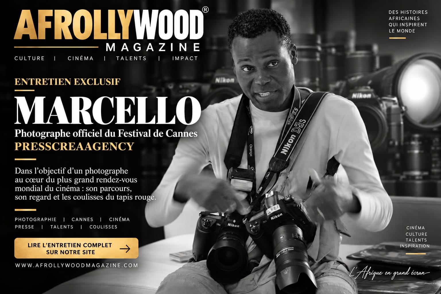 Couverture Afrollywood Magazine — entretien exclusif Marcello, version noir et blanc.