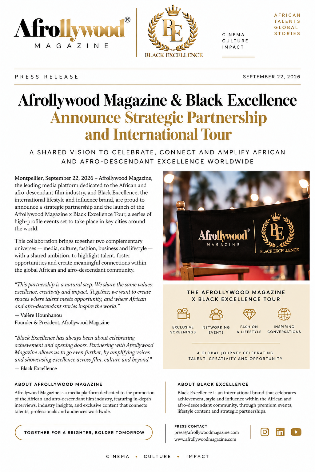 Communiqué de presse officiel annonçant le partenariat entre Afrollywood Magazine et Black Excellence