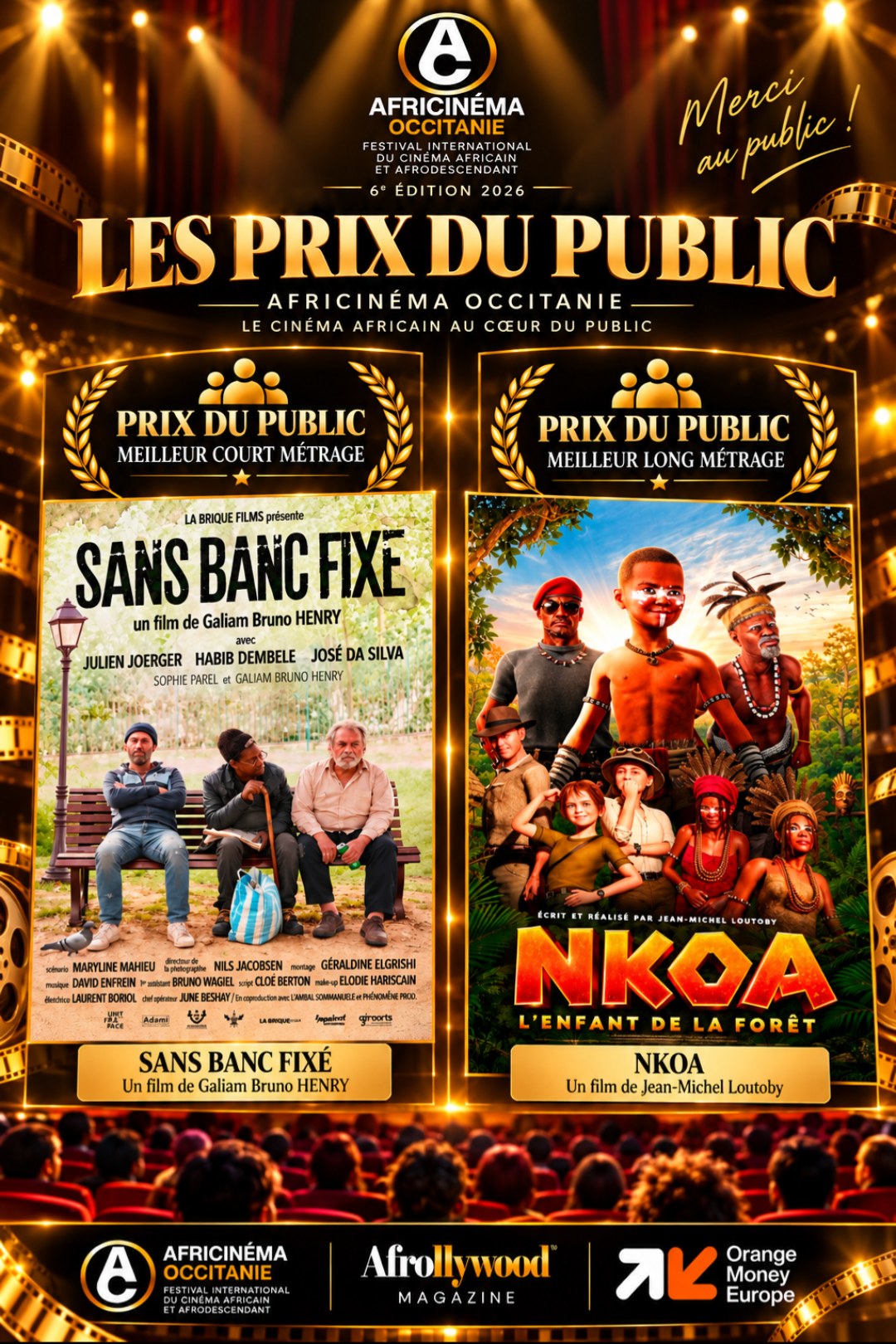 Affiche officielle des prix du public : « Sans Banc Fixe » de Galiam Bruno Henry et « Nkoa, l'enfant de la forêt » de Jean-Michel Loutoby