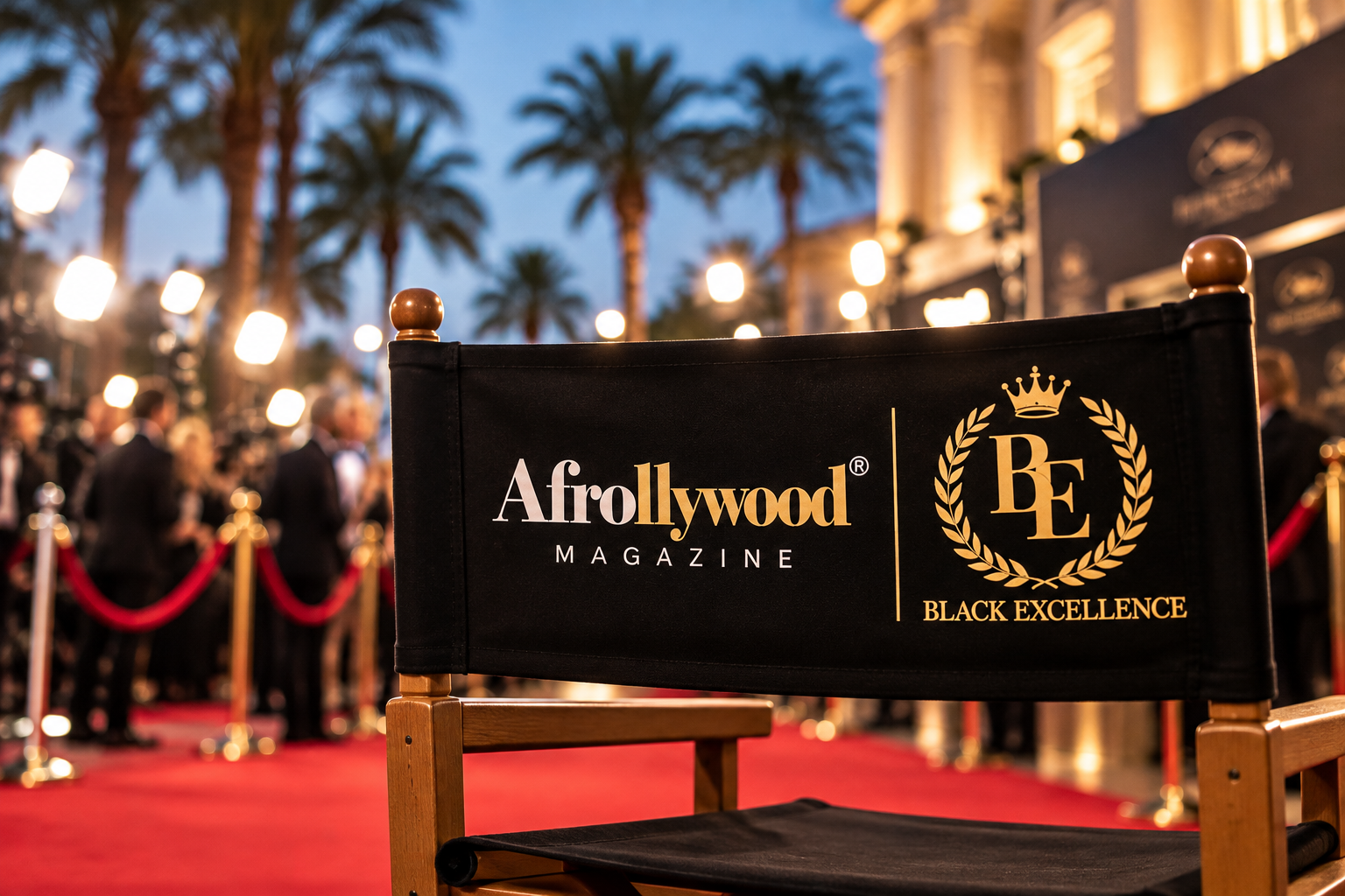 Fauteuil de réalisateur noir floqué des logos Afrollywood Magazine et Black Excellence, posé sur un tapis rouge