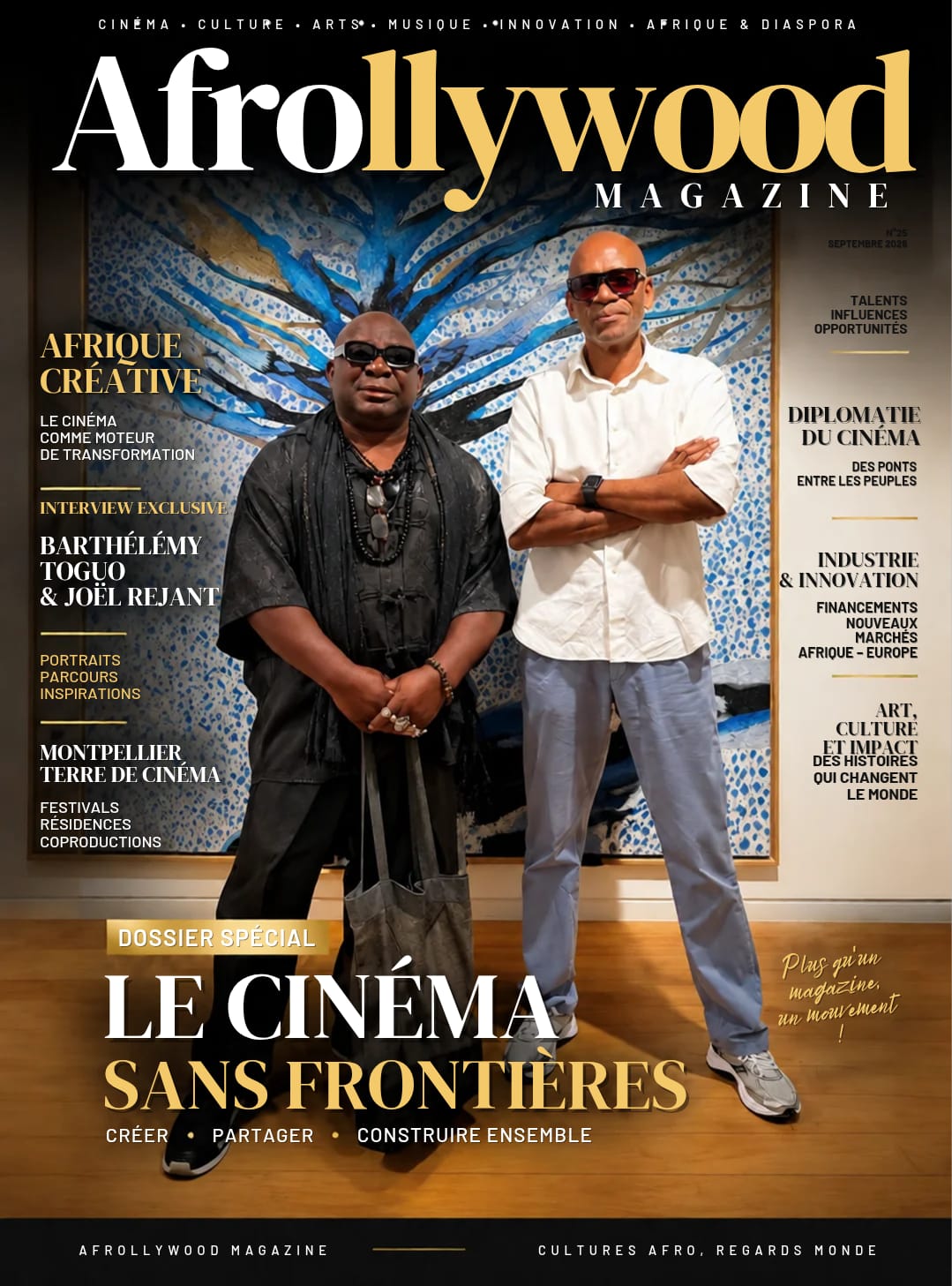 Barthélémy Toguo et le réalisateur Joel Rejant devant une œuvre bleue et végétale