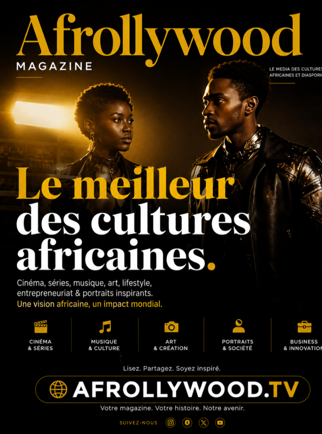 Couverture d'Afrollywood Magazine : un homme et une femme en clair-obscur doré sous le titre « Le meilleur des cultures africaines »